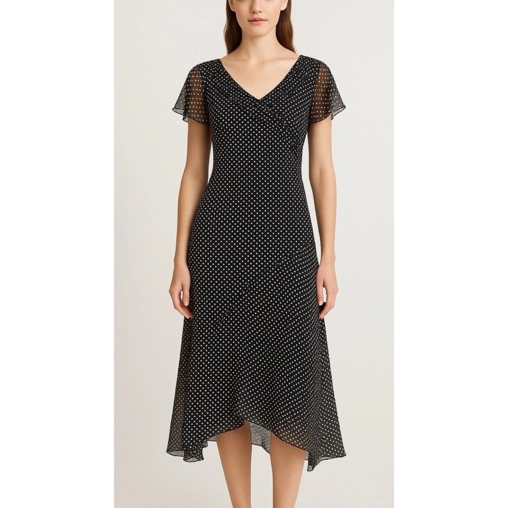 VTG Adrianna Papell 100% Silk Pinup Midi Dress Sz 10 Gray White Polka Dots Y2K
